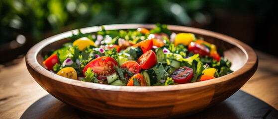 Sunlit Wooden Bowl with Fresh Colorful Salad
