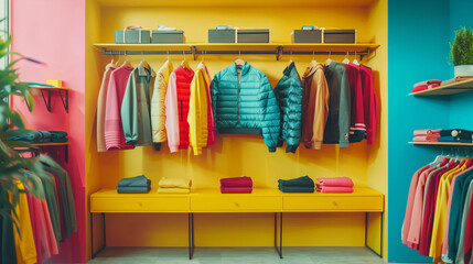 vibrant clothing store display with an assortment of colorful jackets and sweaters hanging neatly. Perfect for retail, fashion marketing, and interior design concepts