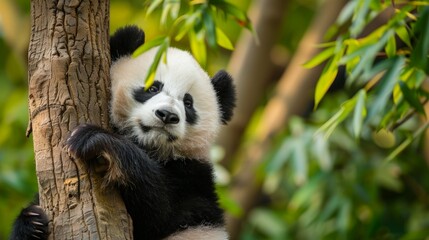 Fototapeta premium A panda bear on tree in wild forest.