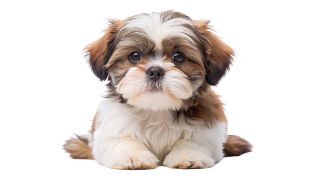 "Curious Shih Tzu Puppy": A curious Shih Tzu puppy gazing with innocence against a white backdrop, showcasing its fluffy coat and sweet expression.