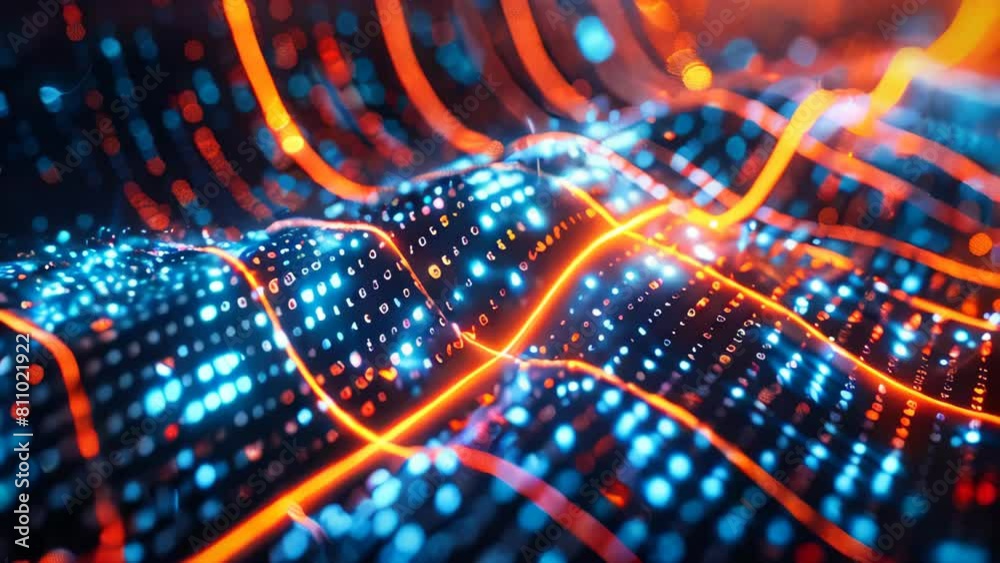 Poster Glowing data binary code background with digital particles and orange lights