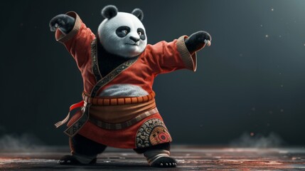 3D cartoon character of a panda doing kung-fu with dark background.