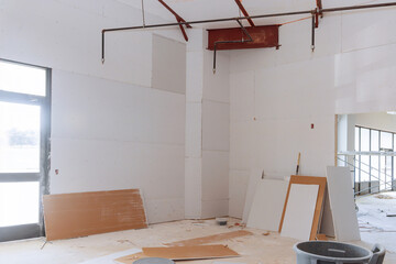 Newly constructed house walls are plasterboard drywall ready for plastering