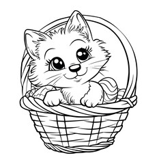 Kitten in a basket illustration coloring book - coloring page for kids
