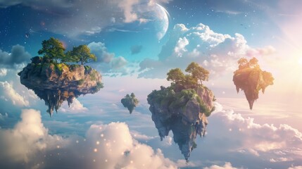 Majestic floating landmasses with trees under a twilight sky, highlighted by a large moon and soft clouds.