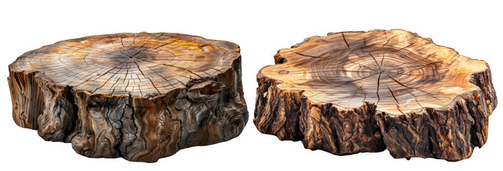 Two large pieces of wood with a lot of bark and a few holes on a transparent background.