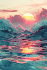 Abstract Butte landscape in pastel colors (pink, teal, yellow, orange) with fluid rhythms and ample negative space. Ideal for calming desktop wallpaper.