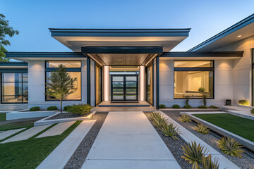 modern house ,The entrance to the modern home is a focal point of elegance and sophistication, featuring a sleek front door framed by expansive windows and minimalist architectural details