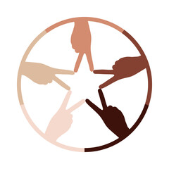 Star from the fingers of human hands with different skin color. Symbol racial equality and diversity. Partnership and mutual assistance concept. International day of tolerance. Vector illustration