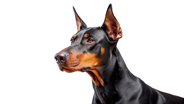 "Sleek Doberman Pinscher in Profile": A sleek Doberman Pinscher photographed in profile against a white background, highlighting its muscular build and alert expression.