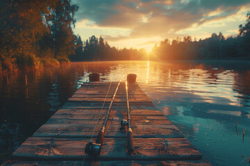 A father and daughter's fishing rods leaning against a wooden dock at sunrise. - Powered by Adobe