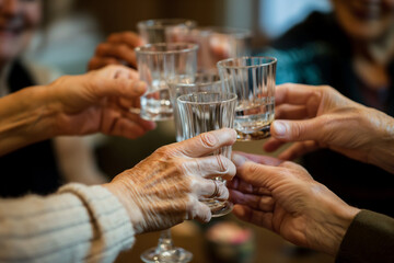 hands holding glasses of champagne, The hands holding the glasses are a blur of movement, their gestures animated with excitement and camaraderie