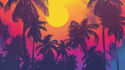 A breathtaking sunset scene with palm trees in the foreground, the sun setting in the background, casting a warm glow on the sky and creating a peaceful atmosphere AIG50 - Powered by Adobe