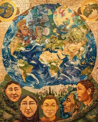 Fototapeta premium Global Unity mural featuring a tapestry of diverse cultural symbols and faces, set against a backdrop of a Peaceful Planet, with visual elements promoting international cooperation
