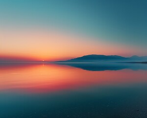 Horizon line at sunrise, showcasing a spectrum of colors reflected in the crystalclear waters, accompanied by the natural symphony of morning wildlife, perfect for an inspiring nat
