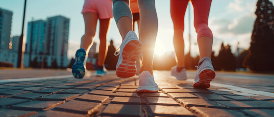 Group of runners exercising in an urban setting, close-up on legs and running shoes during a sunrise jog in the city, promoting fitness and active lifestyle