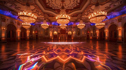 Obraz premium Opulent ballroom filled with radiant chandeliers, where the light creates a kaleidoscope effect on the intricately patterned floor, suitable for a highend event venue brochure or a