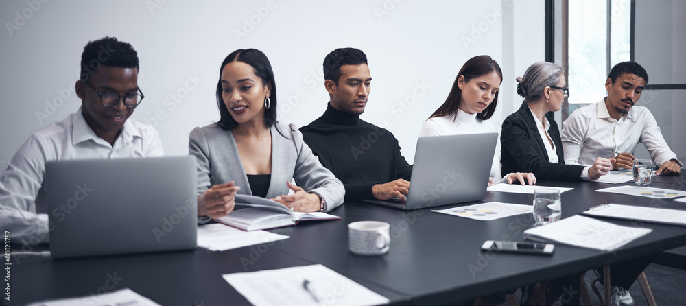 Poster online, working and group with laptop in boardroom, meeting and training for networking and internet