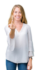 Beautiful young elegant woman over isolated background Showing middle finger, impolite and rude fuck off expression