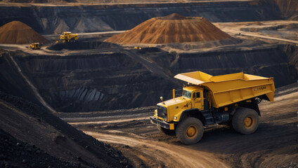 Overhead View, Coal Mine Landscape with Big Yellow Mining Trucks in Open Pit