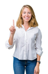 Beautiful young business woman over isolated background showing and pointing up with finger number one while smiling confident and happy.