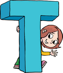 girl is hiding behind the capital letter T