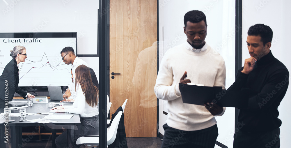 Poster Business men, conversation and clipboard in office for paperwork, document or contract sign for collaboration. People, teamwork or partners talking in workplace for planning and communication