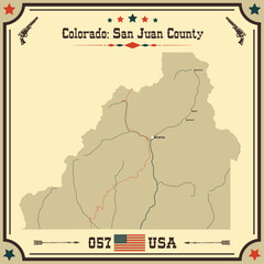 Naklejka premium Large and accurate map of San Juan County, Colorado, USA with vintage colors.