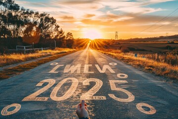 new year concept, text "2025" written on the asphalt road and sunset background with nature landscape in country side area , copy space for desig