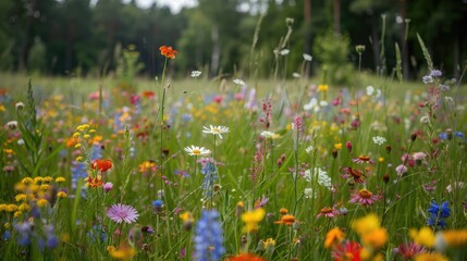 During Latvia s enchanting midsummer solstice a captivating wild meadow bursts with vibrant colorful flowers creating a dreamy scene in the countryside Native plants thrive in this natural 