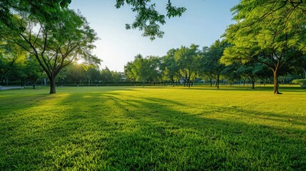 The vibrant atmosphere of a summer park at dawn, with the sun rising behind a hill, casting long shadows and illuminating the park in a soft, amber hue.