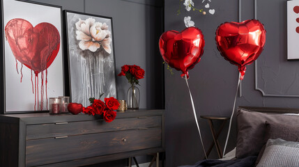 Stylish bedroom with modern art, chic floral arrangements, and two red heart-shaped balloons by the...