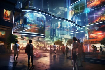 The city of the future with glass skyscrapers and people walking around.