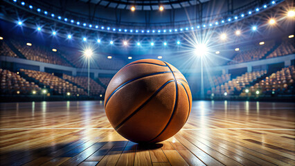 Close up of a basketball ball in the center of the stadium