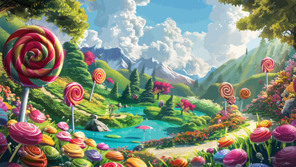 Candy land landscape for children book illustration or book cover template with beautiful scenery