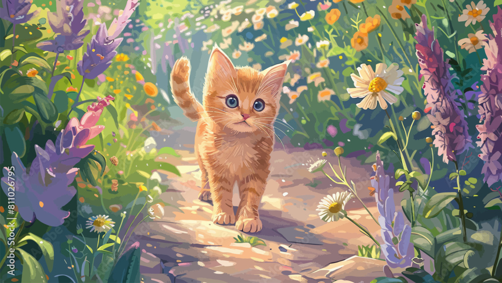 Wall mural a cute cat in a beautiful garden. children book illustration or book cover template with beautiful s