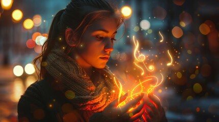 portrait of a young woman holding a glowing treble clef in the palm of her hand
