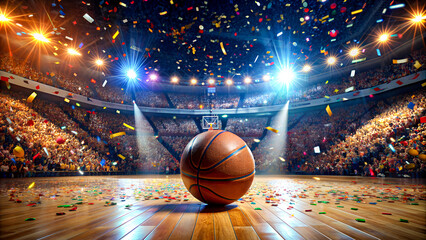 Close up of a basketball ball in the center of the stadium, winning a basketball game
