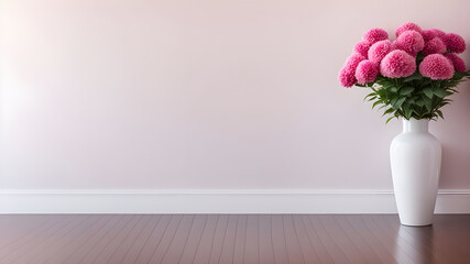 Pink wall background, brown parquet floor, home furniture detail, vase of pink flower plant.