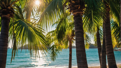 Palm Paradise, Sunlight Filtering Through Green Palm Leaves, Creating a Serene Beach Summer Backdrop