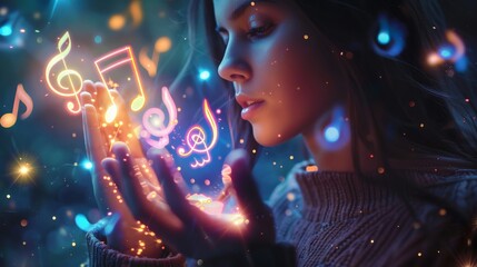 portrait of a beautiful woman holding glowing music notes in her hands