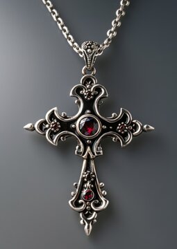 An ornate silver cross pendant with rubies and black enamel