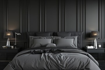 The elegance of a minimalist bedroom with black decor elements and dark gray wall paneling, offering a stylish and modern retreat