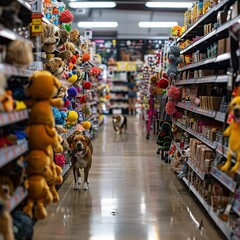Pet toy store...Cute funny dog and cat at the grocery store shopping in the supermarket. Puppy sitting with his toys. Concept of pet food, delivery, shopping background.