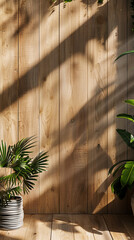wooden photo backdrop with green tropical pla