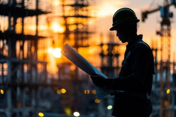A lone silhouette of an engineer examining blueprints with a backdrop of cranes and scaffolding in the distance , abstract  , background