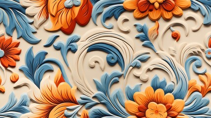 A seamless, repeating pattern of hand-painted flowers and leaves in a blue and orange color scheme