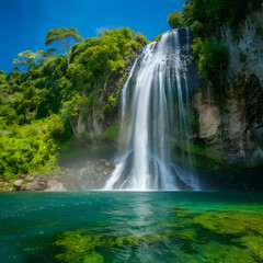 Cascading water plunges over rocks in a lush green forest or jungle, creating a natural waterfall landscape