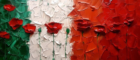 Textured Oil Painting of Poppies on Red, White, and Green, Symbolizing Italian Flag in a Vibrant Abstract Floral Art