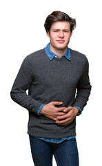 Young handsome elegant man over isolated background with hand on stomach because indigestion,...